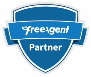 A professional badge with the Freeagent Partner logo and branding.