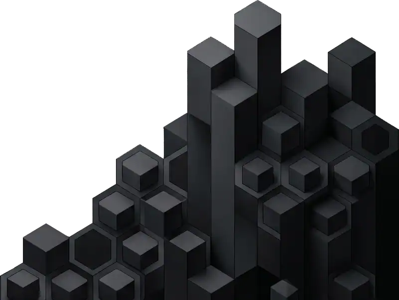 Abstract 3D black geometric structure with cubes and hexagons.